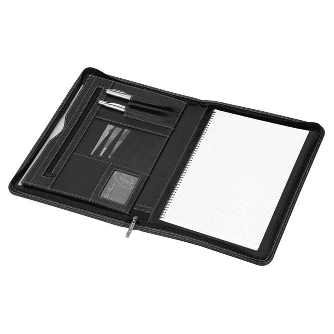 A black imitation leather A4 zip compendium featuring multiple pockets, pens, and a notepad. It includes a branding logo.