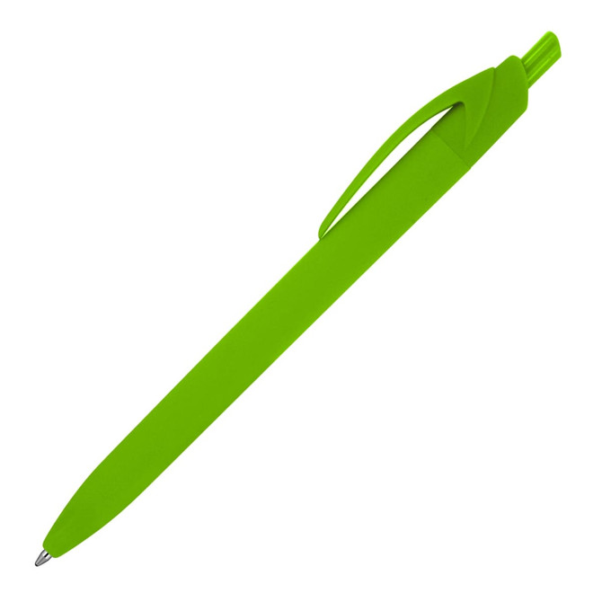 A green ballpoint pen with a matte rubber finish and a clip, featuring a logo on the barrel.