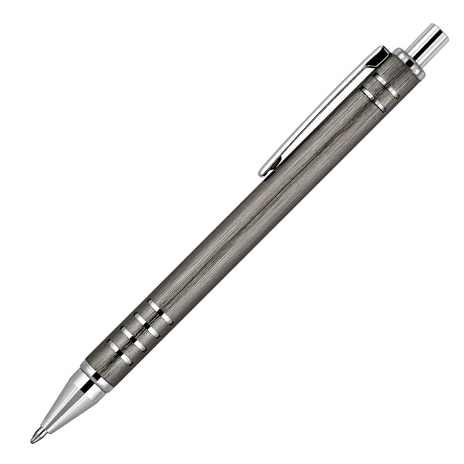 A metal ballpoint pen in a brushed grey finish with chrome accents and clip, featuring a logo.