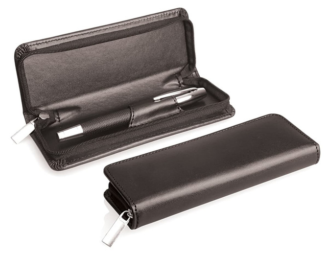 A black PU pen case featuring a zippered design and an interior holding a pen. It includes a branding logo.