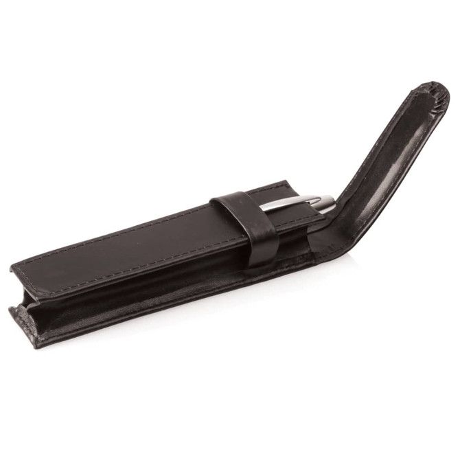 A pen pouch in black PU leather, featuring a secure closure and sleek design, includes a pen inside.