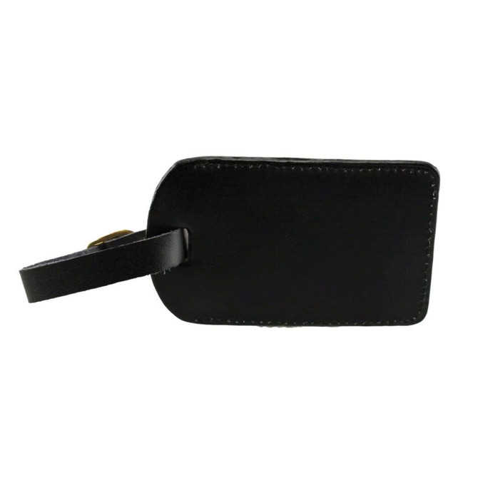 A black luggage tag with a leather finish and a strap for attachment. It has a minimalistic design.