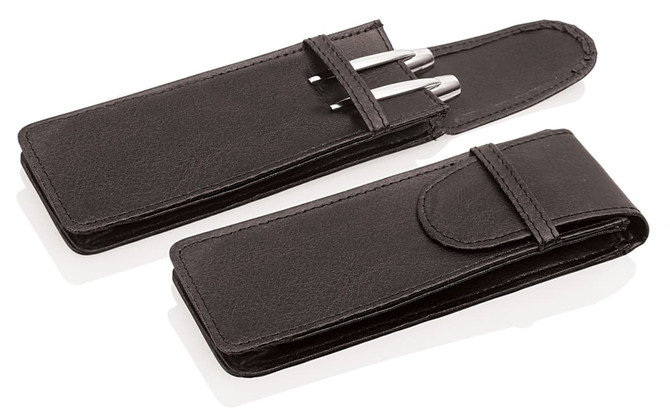 A black PU pen pouch featuring two compartments for pens and a flap closure. Includes a branding logo.