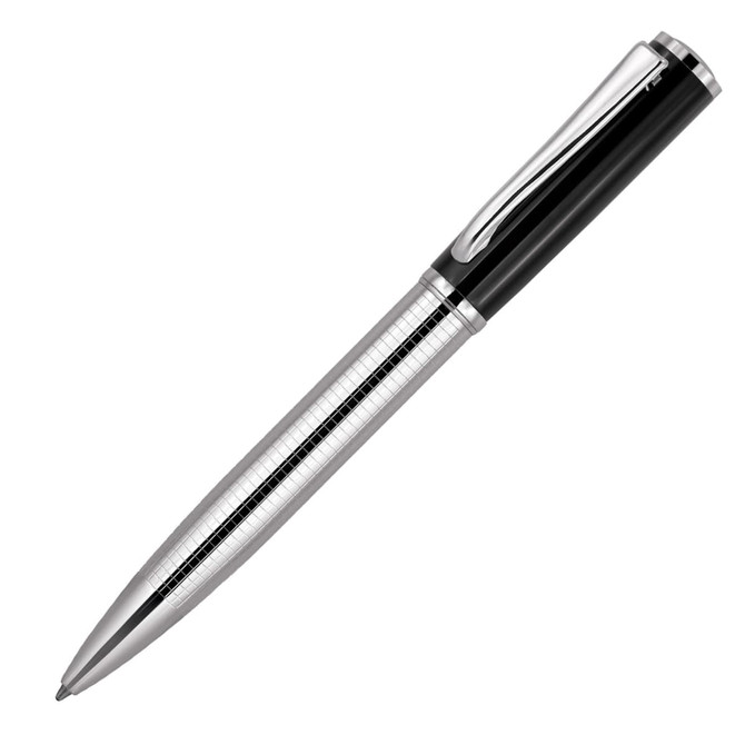 A metal ballpoint pen in black and silver with a sleek, polished design and a branded logo.