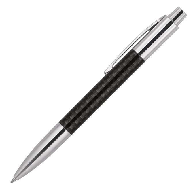 A ballpoint pen with a sleek carbon fibre design and chrome accents, featuring a logo on the body.