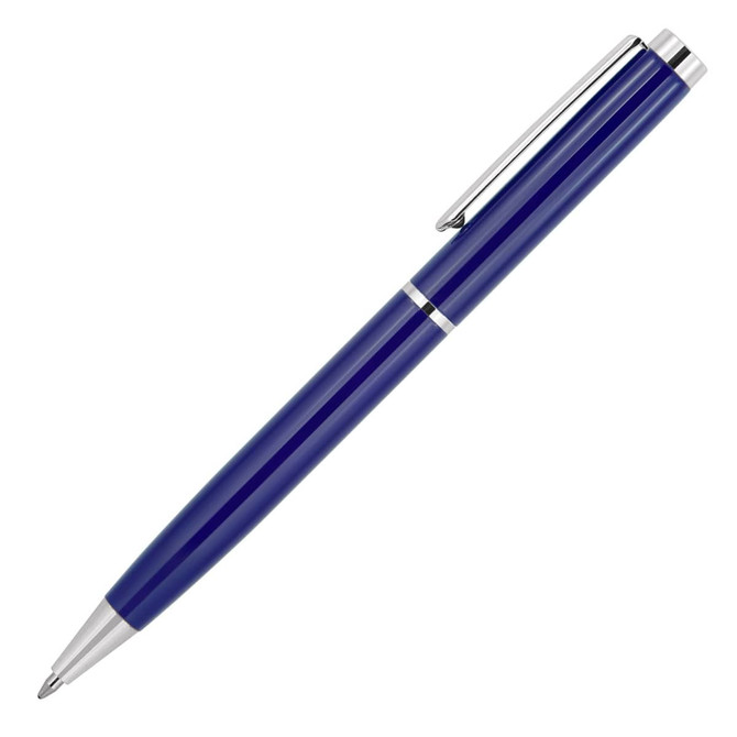 A blue metal ballpoint pen with silver accents and a clip, featuring a branding logo.