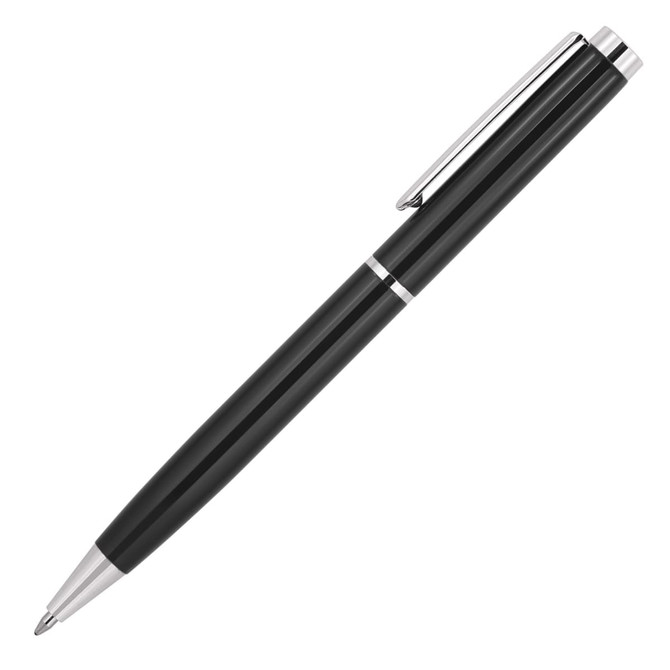 A black metal ballpoint pen with a sleek design and silver accents, featuring a clip and smooth writing tip.