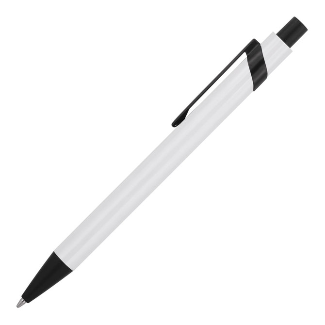 A sleek white ballpoint pen with a black clip and tip, featuring a logo on the barrel.