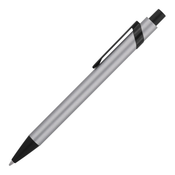 A metal ballpoint pen in silver and black with a clip, featuring a minimalist design and modern appeal.