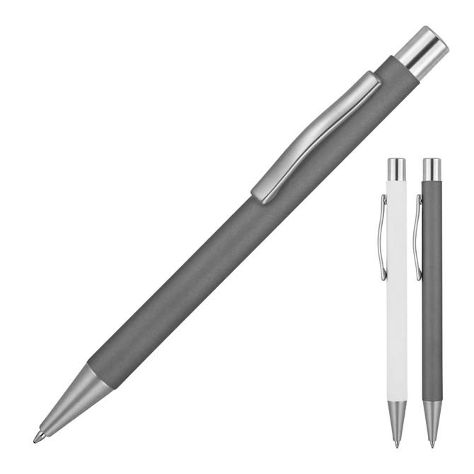 A ballpoint pen with a matte rubber grey finish and a silver clip, alongside white and silver versions.