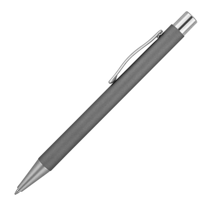 A metal ballpoint pen in matte charcoal grey with a silver clip and tip, featuring a logo.