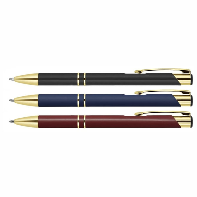 Three ballpoint pens with gold trim, featuring black, blue, and burgundy barrels. Each pen has a branding logo.