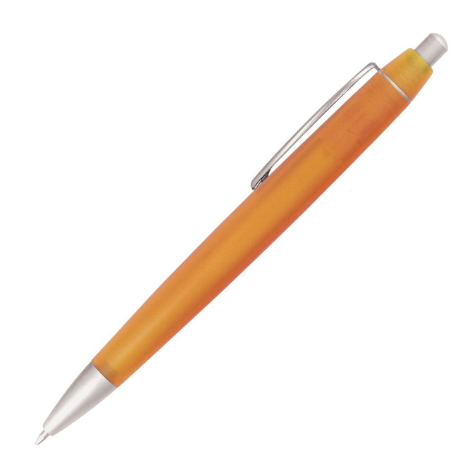 A ballpoint pen in vibrant orange with a silver clip and tip, featuring a smooth glossy finish.