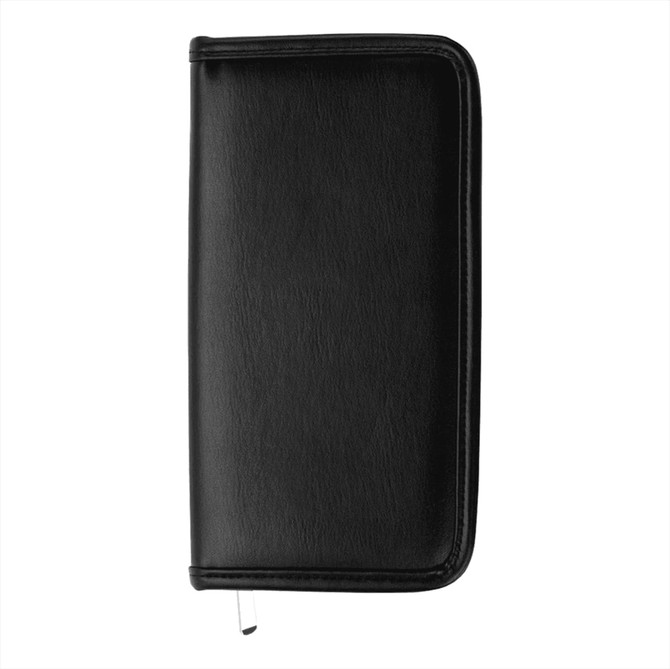 A slim black travel wallet with a smooth finish, featuring a zip closure and an interior for organising cards and documents.