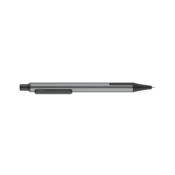 A metal pen in metallic grey with a black tip and clip. It features a logo on its barrel.