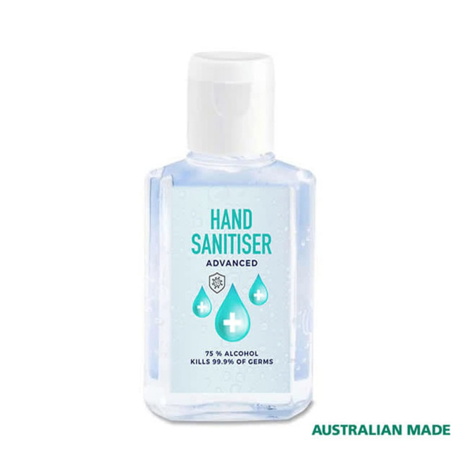 A clear 60ml bottle of hand sanitiser with a white cap, featuring a logo and a blue label.