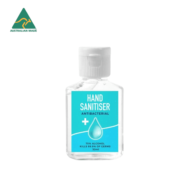A clear bottle of hand sanitiser with a white cap, featuring a bright blue label and a logo. Contains 30ml.