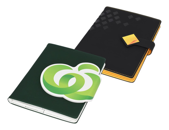 A green and black portfolio with a yellow clasp, featuring a logo and geometric design on the cover.