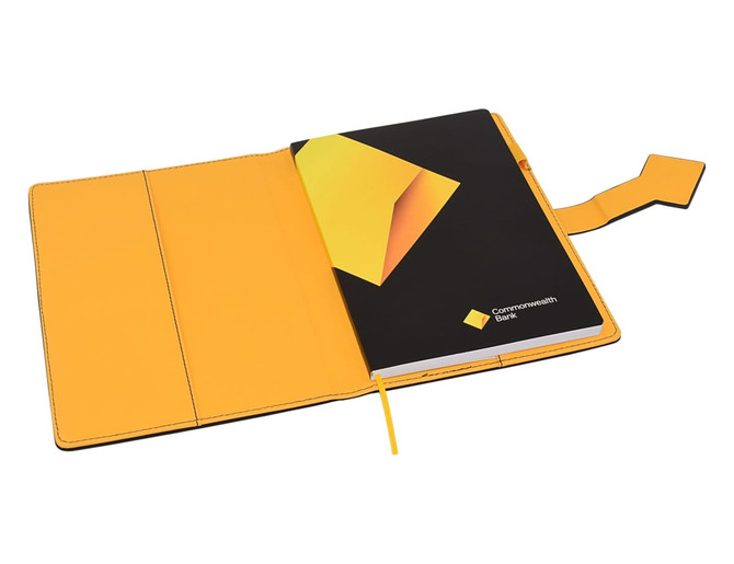 A black and yellow portfolio with a textured cover and an inner pocket, featuring a logo and a bookmark ribbon.