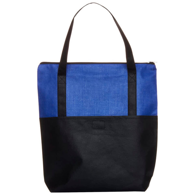 A tote bag featuring a blue top and black bottom, with two black handles and a zip closure.