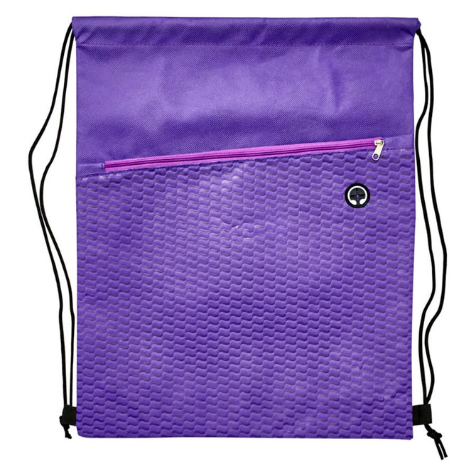 A purple drawstring bag with a textured surface and a front zip pocket, featuring a logo.