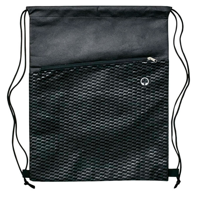 A black drawstring bag features a textured pattern and a zippered pocket, with a logo on the front.