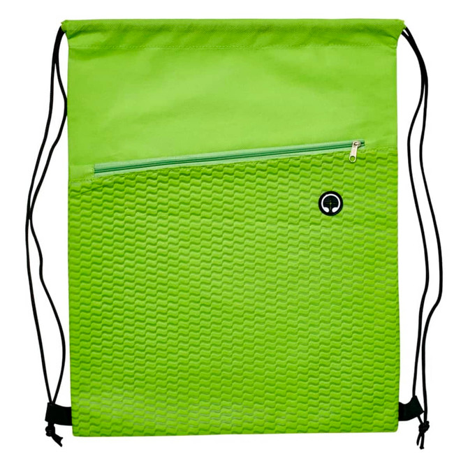 A vibrant lime green drawstring bag with a textured pattern and a black zippered pocket. It features a logo.
