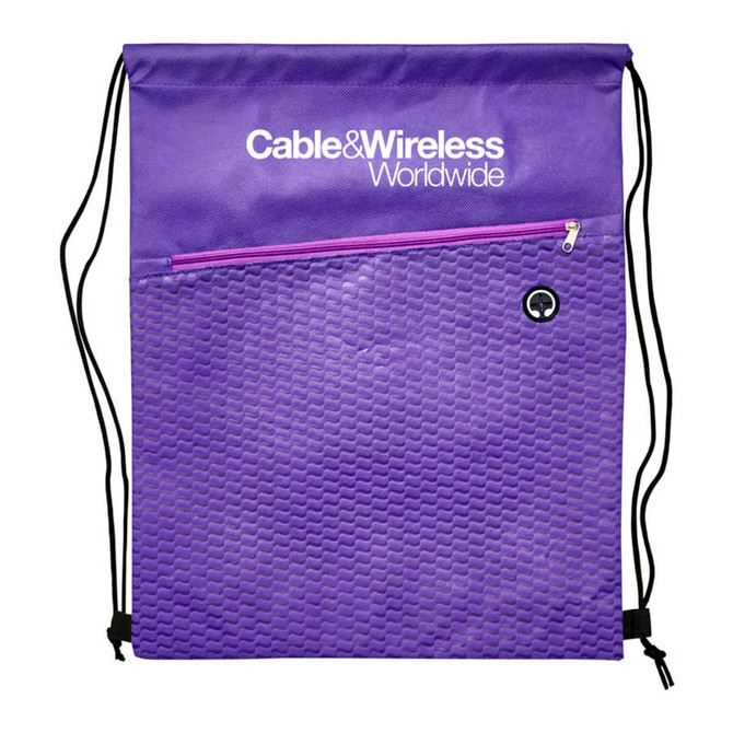 A purple drawstring bag featuring a textured bottom area and a front zip pocket, with a logo present.