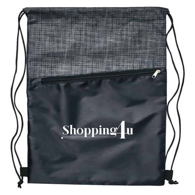 A black and grey crosshatch drawstring bag with a zippered pocket and a logo on the front.