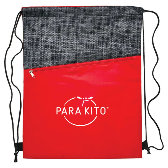 A red and grey drawstring bag with a zippered pocket and a logo.