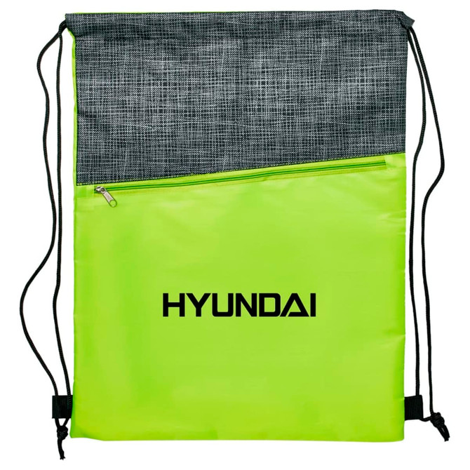 A crosshatch drawstring bag in bright green with a grey top section and a zippered pocket. It features a logo.