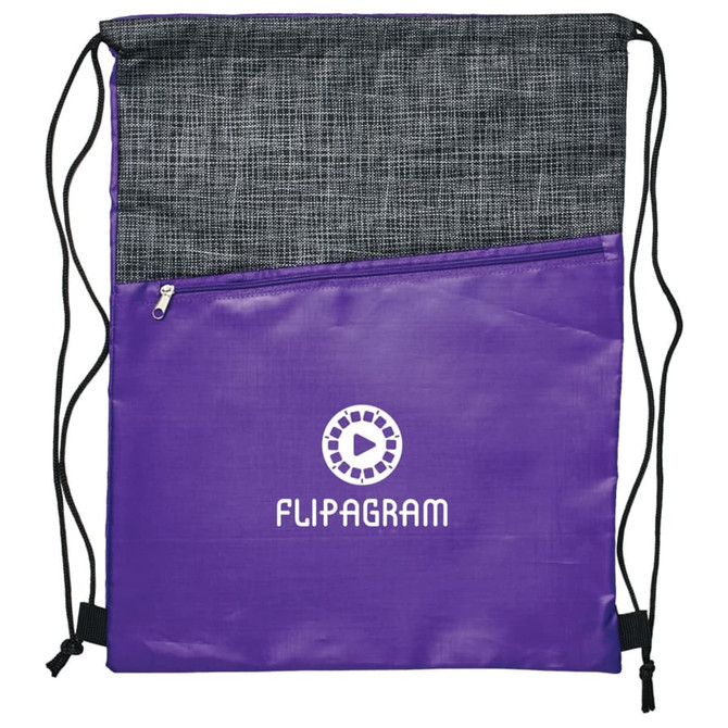 A purple drawstring bag with a black crosshatch top and a front zippered pocket. It features a logo.