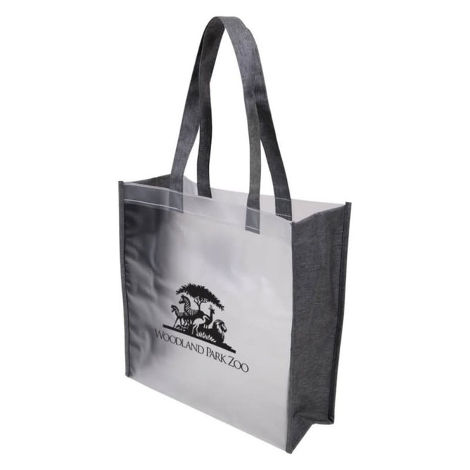 A grey tote bag with clear sides and sturdy handles, featuring a logo on the front.