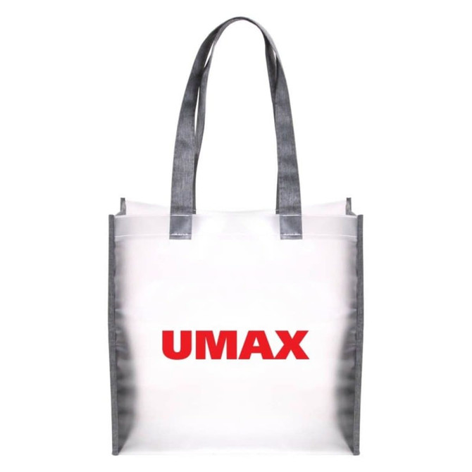 A transparent tote bag featuring grey handles and a prominent logo in red.