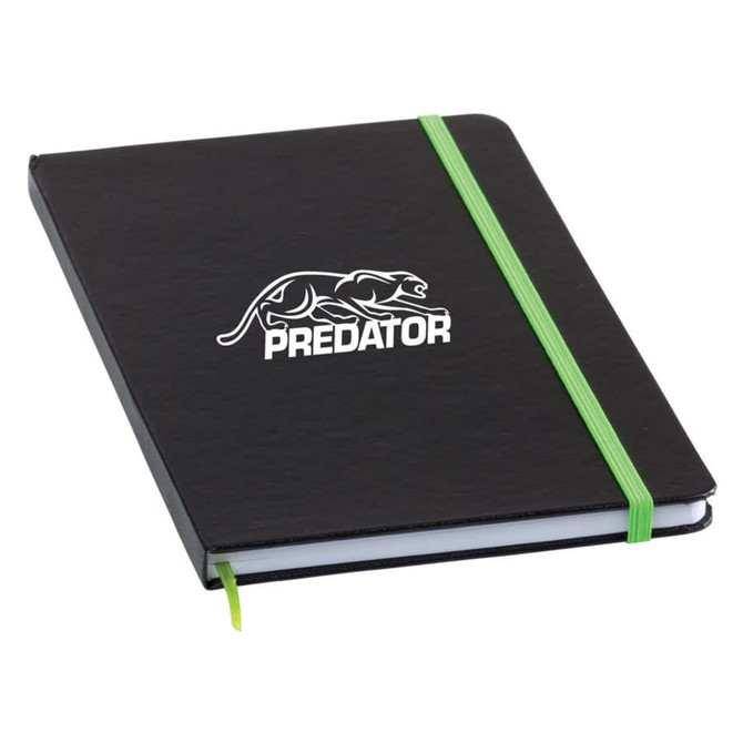 A black notebook with a green elastic band and a logo on the cover. It features a white page marker.