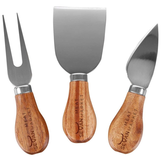A cheese knife set featuring three stainless steel knives with wooden handles. Includes a fork, a spade, and a curved knife.