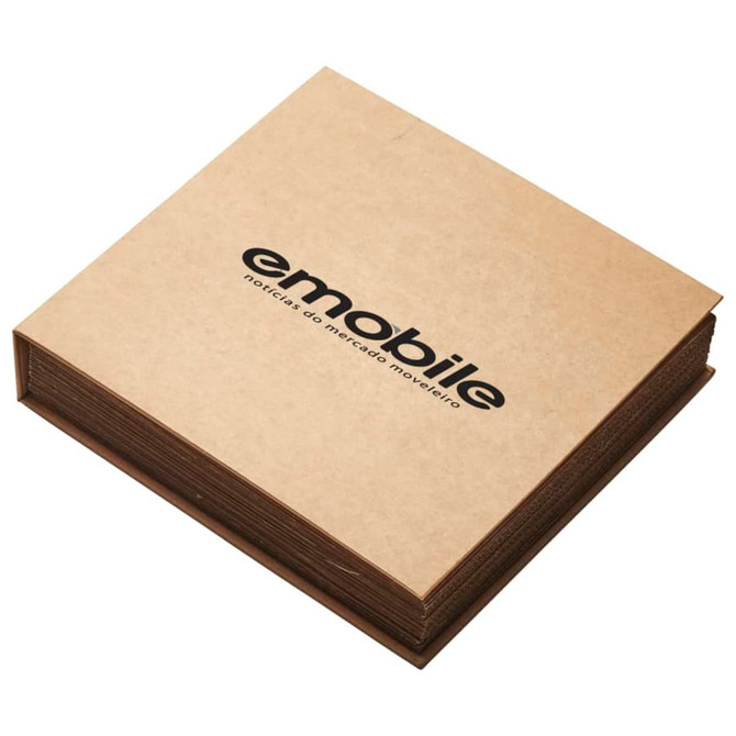 A brown square binder with a black logo on the front cover, containing multiple pages for documents.