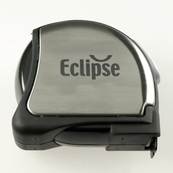 A black and silver tape measure with a logo, compact in design.