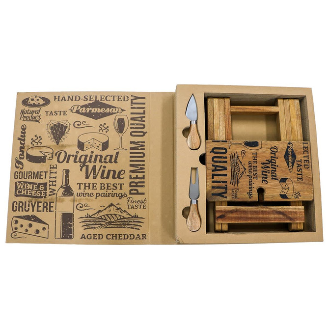 A foldable wooden cheese and wine board set featuring two cheese knives in a decorative packaging.