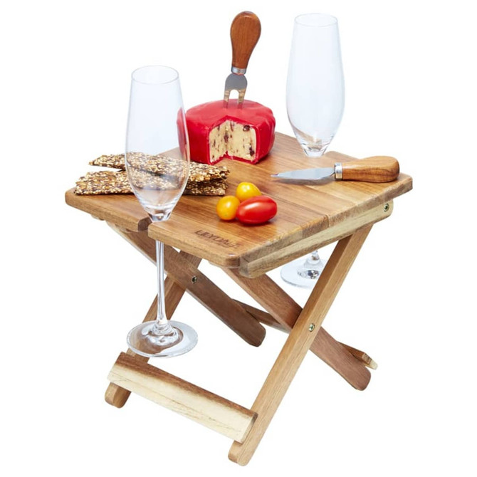 A foldable wooden cheese and wine board in natural tones, featuring glasses, cheese, crackers, and a knife.