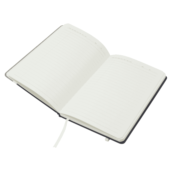 An open Crosswise Notebook with a grey cover and lined pages, featuring a bookmark ribbon.