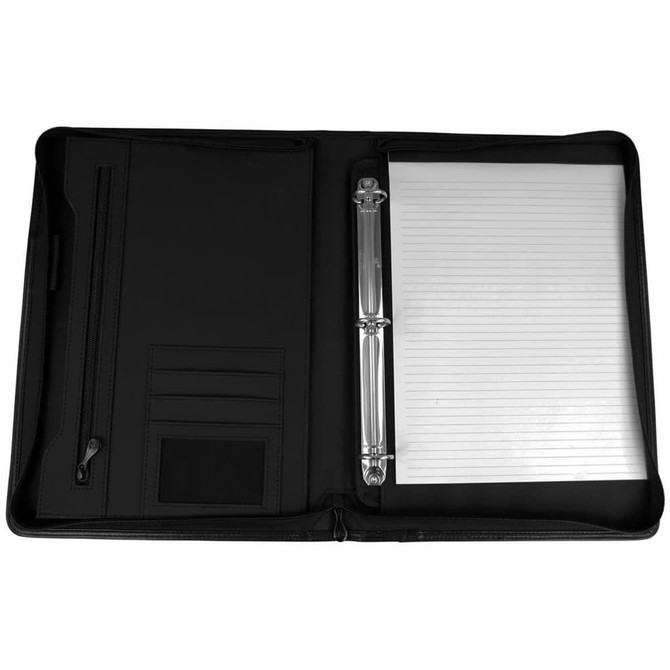 A black compendium featuring a zippered closure, card pockets, and a lined notepad holder.