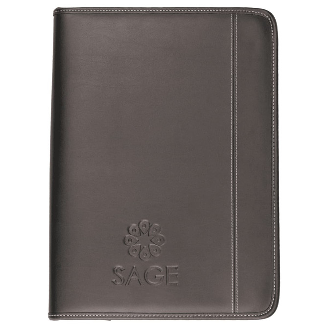 A two-tone A4 imitation leather zip compendium in dark grey with a logo on the front.