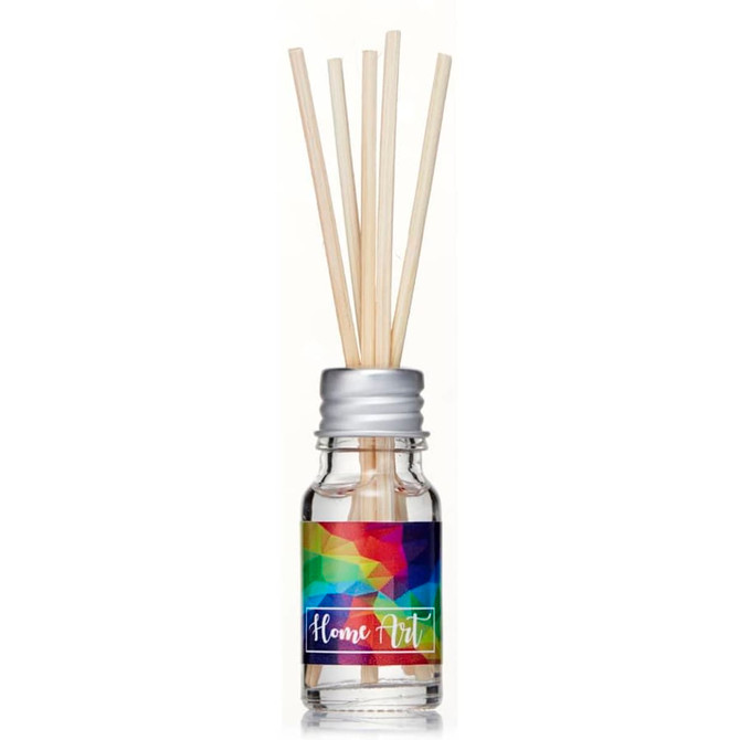 A 10ml clear glass reed diffuser with a multi-coloured label and wooden reeds. It has a silver metal cap.