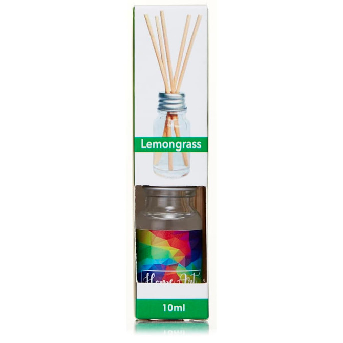 A 10ml reed diffuser in a glass bottle with a colourful label and wooden reeds, presented in a box.