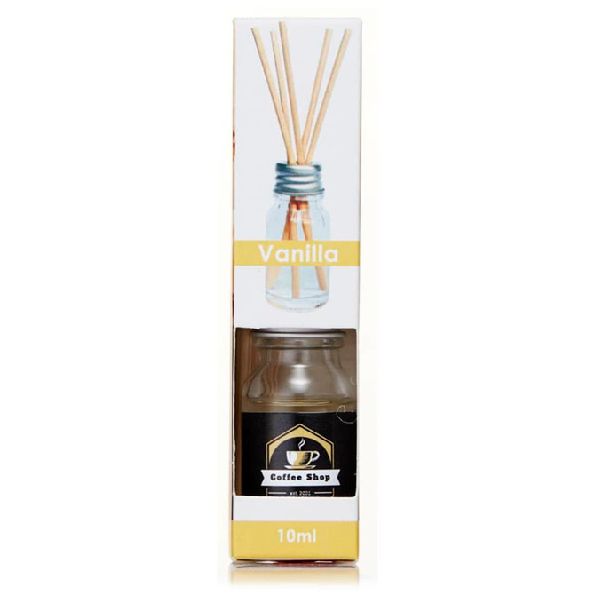 A 10ml reed diffuser in a glass bottle with wooden reeds, presented in a decorative box featuring a black and gold logo.