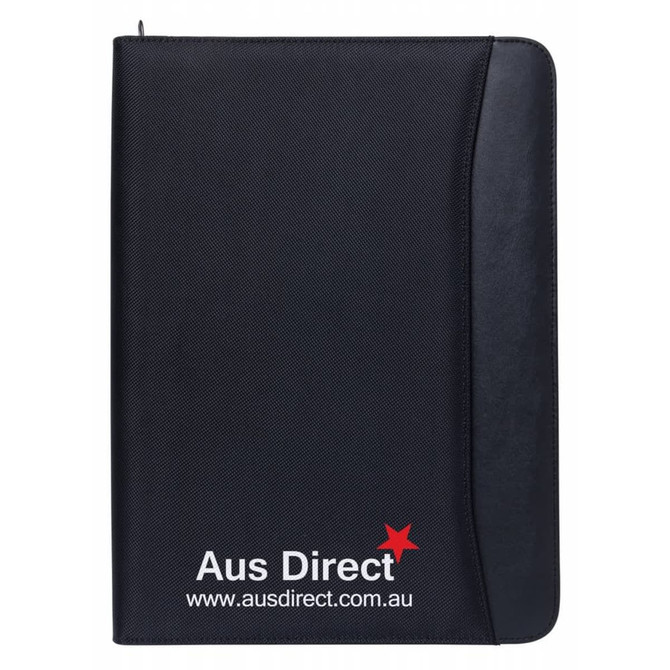 A black A4 compendium with a smooth texture and a pocket on the front, featuring a logo. Ideal for office use.