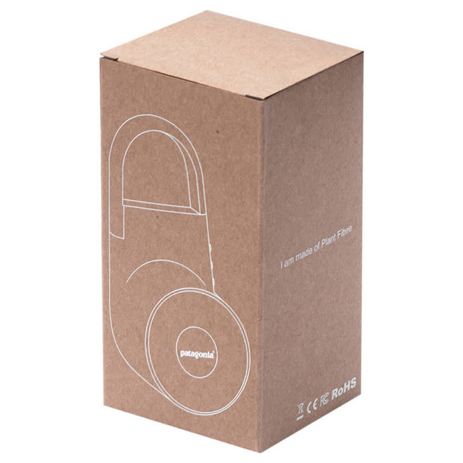 A brown cardboard box containing a Tuba Wireless outdoor speaker made of plant fibre, featuring a logo.