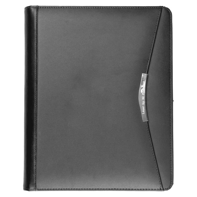 A black bonded leather compendium featuring a sleek design and a silver accent at the front. It includes a logo.