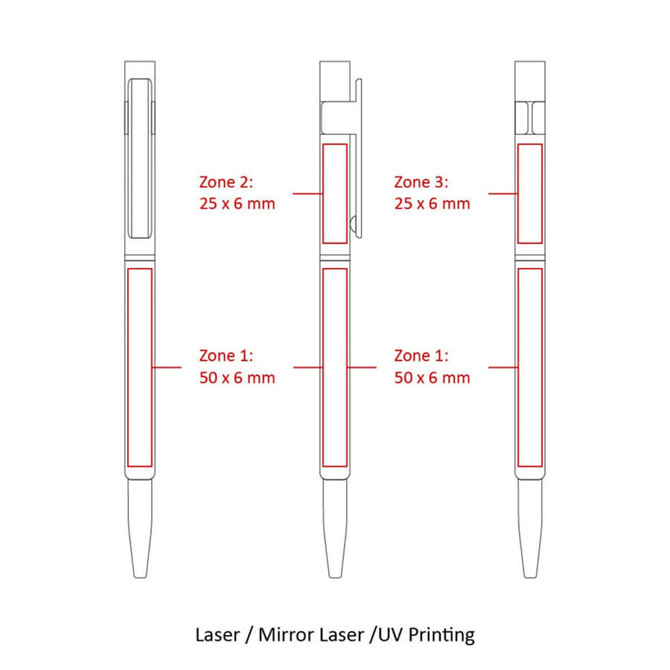 A diagram of a metal pen design, featuring zones for laser printing and indicating dimensions for branding.